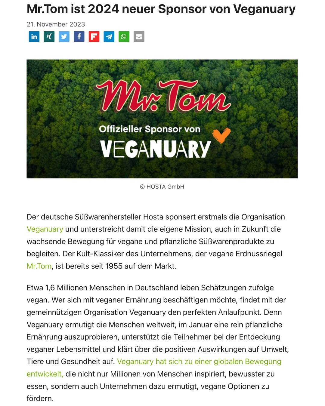 PR-Arbeit: Clipping von vegconomist zur Pressemitteilung über Veganuary Sponsoring durch die Marke Mr.Tom