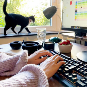 Zwei Hände tippen auf Tastatur, Kopfhörer, Lampe, Erdbeeren und Kaffee auf dem Tisch. Im Hintergrund eine schwarze Katze vor einem Fenster.