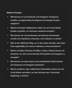 Ein Screenshot vom KI-Tool chatGPT, das einige Prompts aus dem Krisentraining-Workshop zeigt.