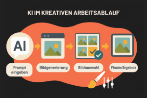 Infografik mit dem Titel „KI im kreativen Arbeitsablauf“. Sie zeigt einen vierstufigen Prozess: „Prompt eingeben“, „Bildgenerierung“, „Bildauswahl“ und „Finales Ergebnis“. Jede Stufe ist durch Pfeile und vereinfachte Icons illustriert, auf einem orangefarbenen Hintergrund mit Symbolen für Malpinsel und Regler.