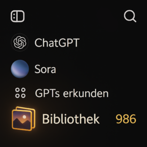 Screenshot einer Benutzeroberfläche mit schwarzem Hintergrund und einem Menü auf der linken Seite. Icons und Begriffe wie „ChatGPT“, „Sora“, „GPTs erkunden“ und „Bibliothek“ sind zu sehen. Das Symbol „Bibliothek“ mit einer orangefarbenen Umrahmung ist hervorgehoben und zeigt die Zahl 986.